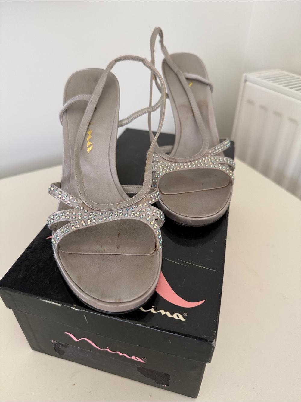 Nina Gray Crystal-Strap Platform Heels
